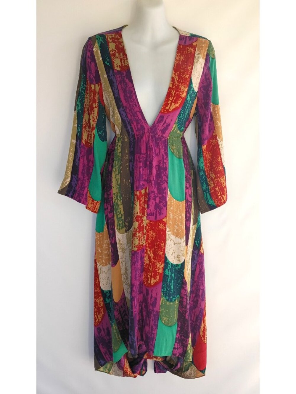 Vtg Nicole Miller Collection Silk Abstract Print Dress V-Neck Bell Sleeve Boho M